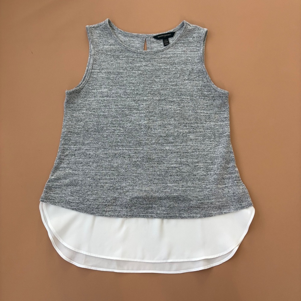 Banana Republic Petite Grey Heathered Knit White Chiffon Layered Tank Top‎ XXS
